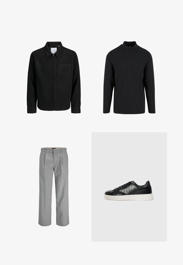 Crna jakna na zip s ovratnikom i jednim džepom na prsima, prikazana na bijeloj pozadini.; Crna dugorukava majica s dizajnom visokog ovratnika, izrađena od mekanog materijala s glatkom teksturom i opuštenim krojem.; Svijetlosive hlače s teksturiranim materijalom, s nabranjima sprijeda, ravnim nogavicama i standardnim pojasom za zatvaranje.; Crne tenisice s teksturiranom gornjom površinom od kože s uzorkom krokodila, zaobljenim vrhom i kontrastnom bijelom gumenom potplatom s glatkom završnom obradom.