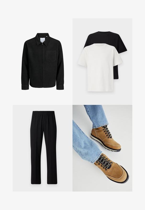 Czarna kurtka z zamkiem na całej długości, z kołnierzem i jedną kieszenią na piersi, umieszczona na białym tle.; Zestaw bawełnianych t-shirtów zawierający czarną i białą koszulkę, obie z krótkimi rękawami, okrągłym dekoltem i standardowym krojem. Teksturowana tkanina.; Czarne spodnie z elastycznym pasem o prostym kroju, z gładką strukturą i bez widocznych wzorów czy elementów metalowych.; Czerwone zamszowe buty trekkingowe z czarnymi sznurowadłami, gumowymi podeszwami i białymi akcentami. W połączeniu z jasnoniebieskimi dżinsami. Zbliżenie na obuwie.