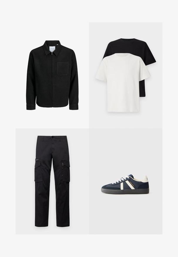 Chaqueta negra con cremallera y cuello, con un solo bolsillo en el pecho, expuesta sobre un fondo blanco.; Conjunto de camisetas de algodón que incluye una camiseta negra y una blanca, ambas con mangas cortas, escote redondo y corte estándar. Tejido texturizado.; Pantalones cargo negros con múltiples bolsillos, un bolsillo con cremallera en el muslo, corte recto y tejido de algodón resistente con un ligero brillo.; Zapatilla azul marino con cordones blancos, dos franjas blancas en el costado, suela negra y marca "JACK & JONES" en dorado y negro.