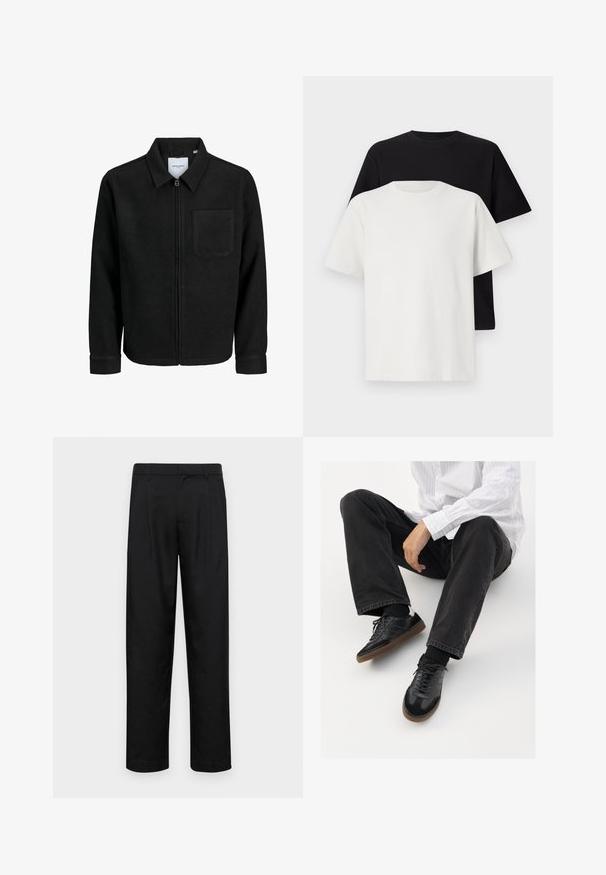 Fekete, zipzáros dzseki gallérral és egyetlen mellzsebbel, fehér háttéren.; Pamut póló szett, amely egy fekete és egy fehér pólót tartalmaz, mindkettő rövid ujjú, környakú és normál fazonú. Texturált anyag.; Fekete nadrág sima anyagból, egyenes szárú fazonnal, két elülső redővel és közönséges derékkal, övhurkokkal.; Fekete tornacipők sima és texturált felsőrészel, gumitalppal és sötét cipőfűzőkkel. Fekete farmernadrággal és fehér csíkos inggel párosítva.