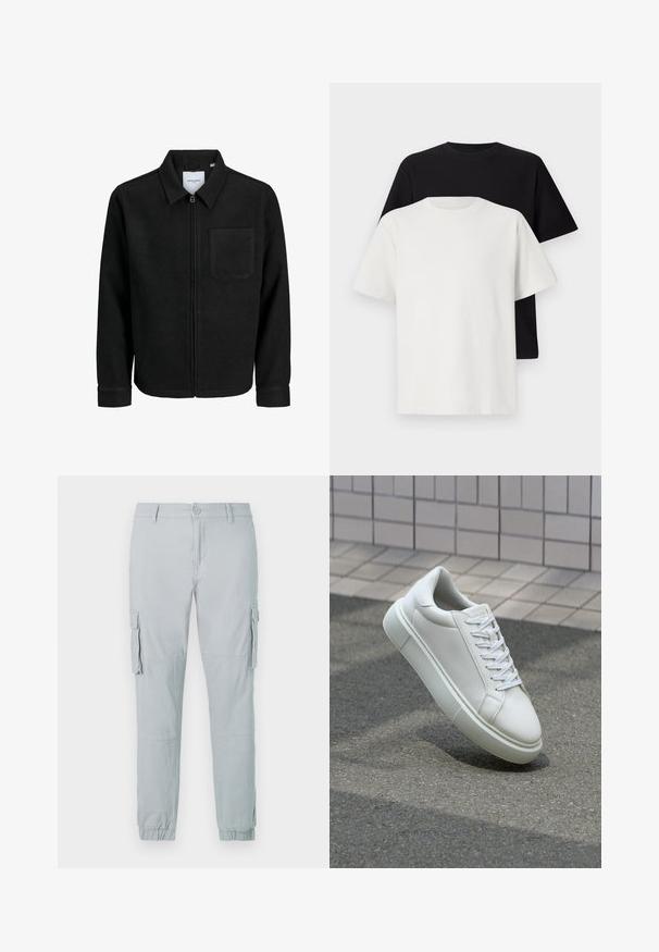 Mustaga lukuga jakker, millel on krae ja üks rinna-tasku, esitatud valgel taustal.; Puuvillane t-särkide komplekt, mis sisaldab musta ja valget särk, mõlemad lühikeste varrukatega, ümmarguse kaelusega ja standardse lõikega. Tekstuuriga kangas.; Heledad hallhalli cargo püksid ees oleva nupuga, külgmiste klapptaskutega, põlveõmblustega ja elastsete sääreotsadega.; Valge nahkline sneka, millel on sile pind, ümar varvas ja lame valge pael. Omab tekstuuriga kummist talla ja minimaalset kujunduselementi.