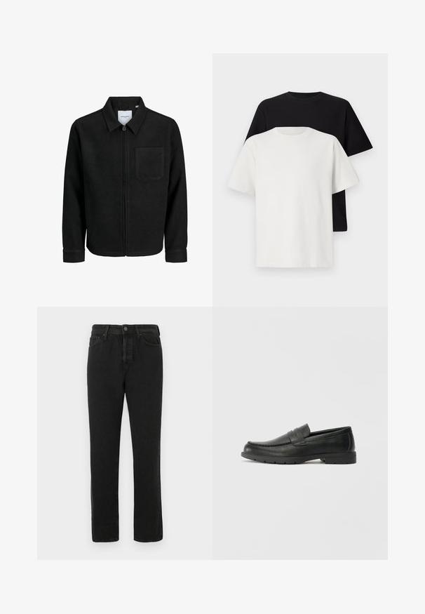 Jachetă neagră cu fermoar, cu guler și un singur buzunar pe piept, expusă pe fundal alb.; Set de tricouri din bumbac, care include un top negru și unul alb, ambele cu mâneci scurte, guler rotund și croială standard. Material texturat.; Jeans negri cu picioare drepte din denim, cu închidere frontală cu buton și fermoar, bucle pentru curea și design cu cinci buzunare, expuși pe un fundal alb.; Labeled cu oglindă din piele neagră cu un finisaj neted, partea superioară în stil mocasin, detalii cusute și o talpă din cauciuc. Design clasic cu un toc jos.