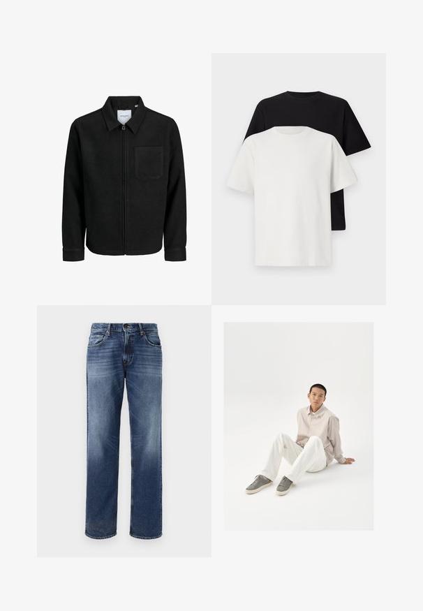 Melna jaka ar rāvējslēdzēju un apkakli, vienu krūšu kabatu, parādīta uz baltas fona.; Kokvilnas T-kreklu komplekts, kas sastāv no melna un baltā T-krekla, abi ar īsām piedurknēm, apaļu kakla izgriezumu un standarta piegriezumu. Faktūras audums.; Vīriešu zili džinsu bikses ar taisnu kāju dizainu, vieglu izbalēšanu, piecām kabatām un pogu aizdari.; Bēža pogām piegriezta krekls, balti bikses un pelēki kedas. Krekls ir brīvā piegriezumā, un kedām ir rakstaina virsma un saišu slēgšanas dizains.