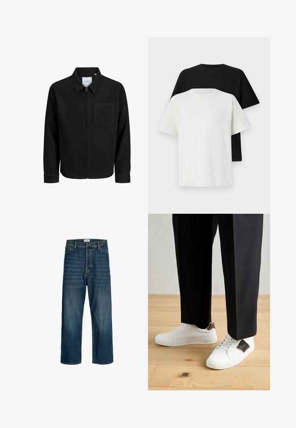 Crna jakna na zip s ovratnikom i jednim džepom na prsima, prikazana na bijeloj pozadini.; Set pamučnih majica koji uključuje crnu i bijelu majicu, obje s kratkim rukavima, okruglim izrezom i klasičnim krojem. Tekstura tkanine.; Traperice u tamnoplavom pranju s ravnim krojem. Značajke uključuju kopčanje na gumb, petlje za remen i ukrasne šavove.; Bijele tenisice s glatkom teksturom, s smešnim kožnim detaljima i crnim naglascima, u kombinaciji s crnim krojenim hlačama. Pozadina od drvenog poda.