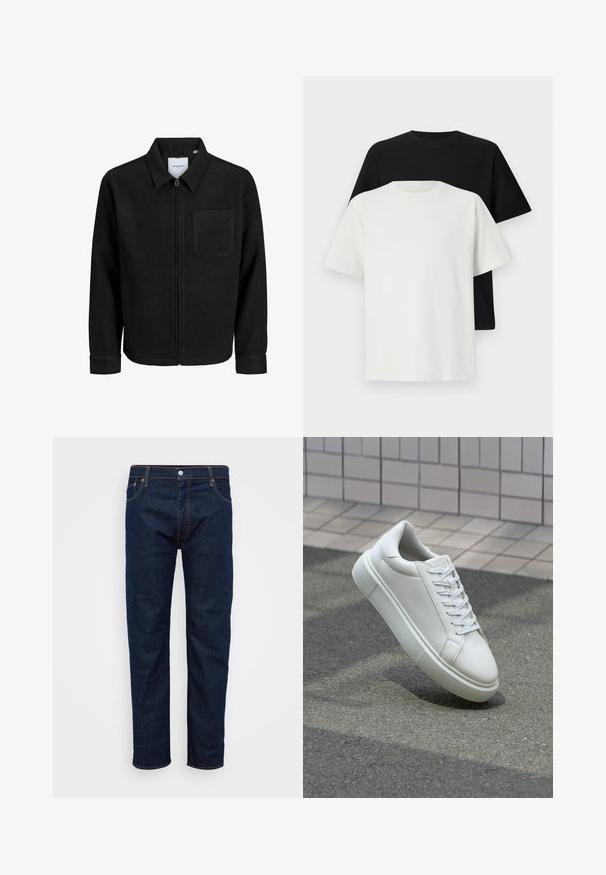 Musta vetoketjullinen takki, jossa on kaulus ja yksi rintatasku, esitelty valkoista taustaa vasten.; Setti puuvillapaitoja, joissa on musta ja valkoinen paita, molemmat lyhythihaisilla, pyöreällä kaula-aukolla ja normaalilla istuvuudella. Teksturoitu kangas.; Tummansiniset farkut suoran lahkeiden leikkauksella, joissa on oranssia tikkausta ja etupainike. Klassinen 5-taskumalli.; Valkoinen nahkainen lenkkari, jossa on sileä pinta, pyöreä kärki ja tasaiset valkoiset nauhat. Varustettu teksturoidulla kumi-pohjalla ja vähäisillä muotoiluelementeillä.