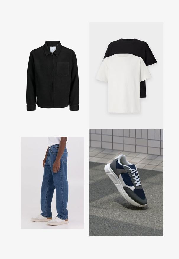 Fekete, zipzáros dzseki gallérral és egyetlen mellzsebbel, fehér háttéren.; Pamut póló szett, amely egy fekete és egy fehér pólót tartalmaz, mindkettő rövid ujjú, környakú és normál fazonú. Texturált anyag.; Világoskék, laza szabású farmernadrág, öt zsebbel és gombos záródással, sima fehér pólóval és fehér sportcipővel párosítva.; Cipő, amelynek sötétkék hálós felsőrésze, szürke velúr díszítései, fehér gumitalpa és lapos fehér fűzője van, a kényelem és a légáteresztő képesség érdekében tervezve.