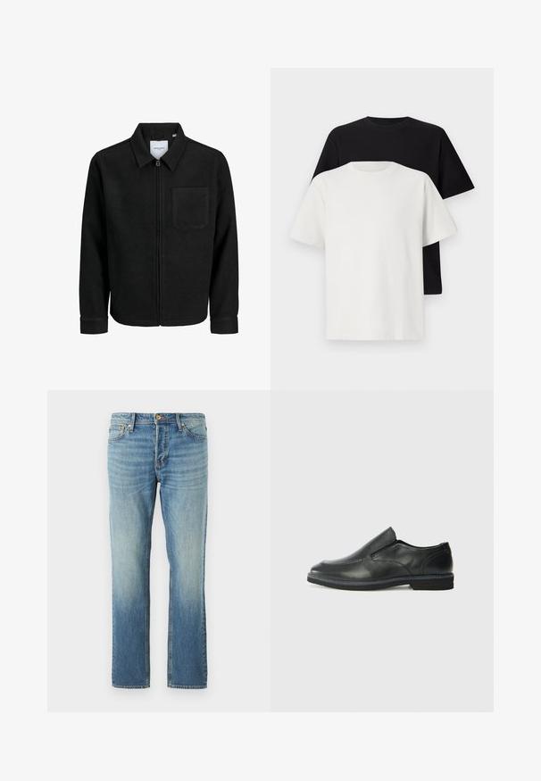 Svart zip-jacka med krage och en enda bröstficka, visad på vit bakgrund.; Set med bomullströjor som inkluderar en svart och en vit topp, båda med korta ärmar, rund halsringning och standard passform. Strukturerad tyg.; Ljusblå denimjeans med rak benpassform, med en utvättad finish, kopparnitar och klassisk femficksdesign.; Svart lädersko i slip-on-modell med en slät ovandel, sömnadsdetaljer, rund tå och låg gummihäl. Sulan har minimal mönstring.