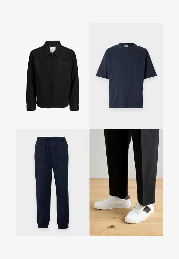 Jachetă neagră cu fermoar, cu guler și un singur buzunar pe piept, expusă pe fundal alb.; Tricou de bumbac de culoare bleumarin, cu mânecă scurtă. Are guler rotund și un logo subtil pe piept. Design drept, fără modele.; Pantaloni elasticizați de culoare bleumarin, cu talie reglabilă, cu picioare conice și manșete elastice, fabricați dintr-un material ușor și neted.; Sneakers albe cu textură netedă, având accente din piele maro și detalii negre, asociate cu pantaloni negri pe măsură. Fundal din podea din lemn.