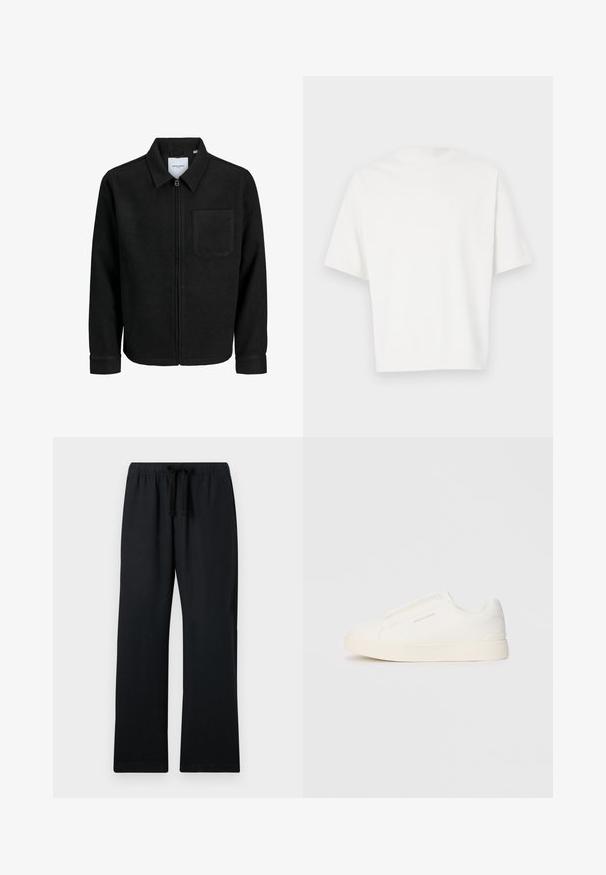 Jachetă neagră cu fermoar, cu guler și un singur buzunar pe piept, expusă pe fundal alb.; Tricou scurt cu mânecă albă, realizat dintr-un material moale. Guler rotund, croială lejeră și design simplu, fără broderii sau modele.; Pantaloni negri, lejeri, cu talie elastică și șnur ajustabil. Material neted, design cu picioare drepte și fără modele.; Tenisi albi slip-on cu o suprafață texturată, talpă groasă și un design minimalist. Prezintă logo-ul brandului pe lateral.