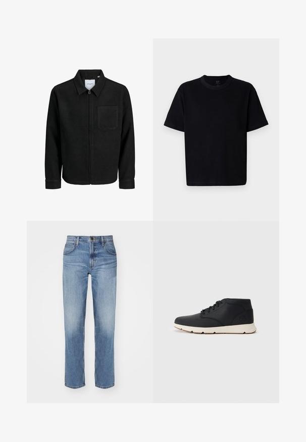 Črna jakna z zadrgo in ovratnikom ter enim žepom na prsih, prikazana na beli podlagi.; Črna bombažna majica s krojem okoli vratu, kratkimi rokavi in ravnim krojem. Ima minimalno šivanje in mehko, gladko teksturo.; Svijetloplave traperice ravnog kroja, s pet džepova i blago izblijedjelim izgledom. Imaju tradicionalno kopčanje na gumbe i patentni zatvarač.; Črne usnjene chukka čevlje z belo gumijasto podplato, z okroglimi vezalkami in stranskim logotipom, vtisnjenim na peti. Gladka tekstura skozi celotno površino.