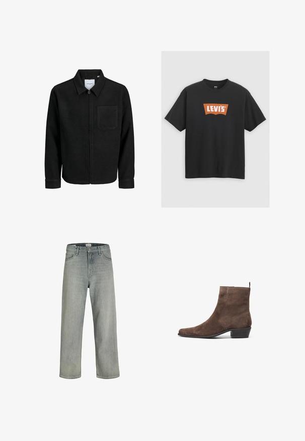 Crna jakna na zip s ovratnikom i jednim džepom na prsima, prikazana na bijeloj pozadini.; Crna pamučna majica s velikim narančastim Levi's logotipom sprijeda, kratkim rukavima i okruglim izrezom.; Svijetlosive, široke traperice napravljene od denima. Imaju klasičan dizajn s pet džepova, petlje za remen i ravni kroj nogavica.; Smeđe zimske čizme od suede s izoštrenim vrhom, niskom blok petom i petnim uvučenim dijelom za lakše obuvanje. Glatka tekstura i jednostavan dizajn.