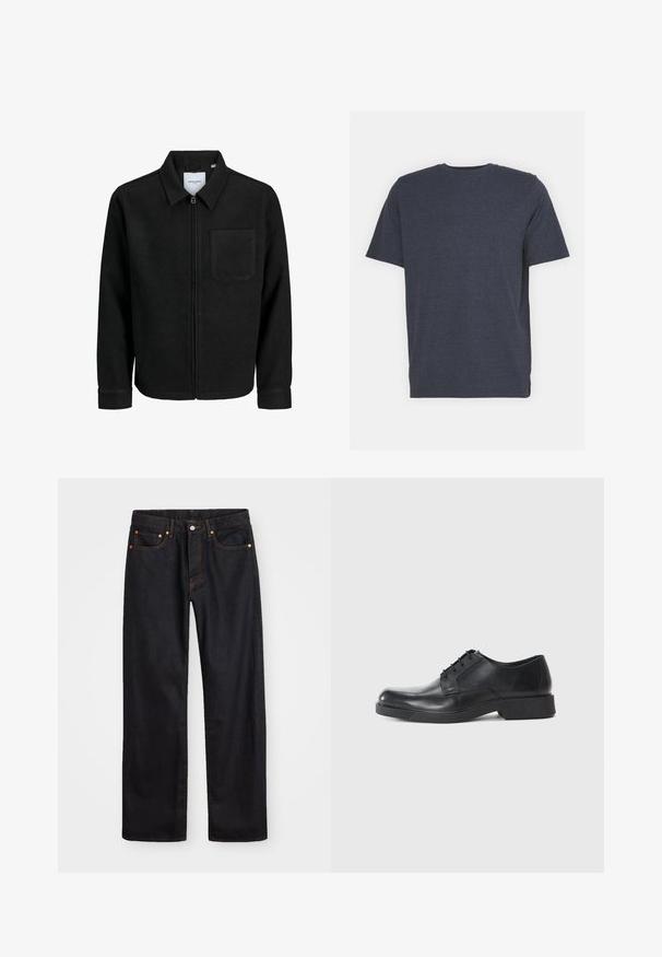 Črna jakna z zadrgo in ovratnikom ter enim žepom na prsih, prikazana na beli podlagi.; T-maica s kratkimi rokavi v mornarsko modri barvi z okroglo izrezom, izdelana iz mehkega bombažnega materiala. Ima redno prileganje in ni vidnih vzorcev ali okrasnih elementov.; Moške črne kavbojke ravnega kroja z petimi žepi in oranžnim šivanjem, z gumbom in zadrgo na sprednjem pasu.; Črne usnjene oblečne čevlje z zaobljenim prstom, dizajnom za zavezovanje in nizko blokasto peto. Gladka tekstura in minimalističen profil.
