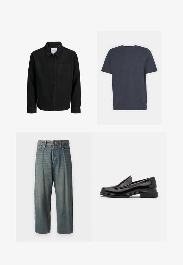 Črna jakna z zadrgo in ovratnikom ter enim žepom na prsih, prikazana na beli podlagi.; T-maica s kratkimi rokavi v mornarsko modri barvi z okroglo izrezom, izdelana iz mehkega bombažnega materiala. Ima redno prileganje in ni vidnih vzorcev ali okrasnih elementov.; Svetlomoderne kavbojke z ohlapnim krojem, srednjim pasom in ravnimi nogami. Imajo pet žepov, zanke za pas in zapiranje na gumb.; Črne usnjene loafers čevlji z zaobljenim nosom, ki imajo šivano detajl na zgornjem delu in nizko blok peto. Gladka tekstura in sijoč zaključek.
