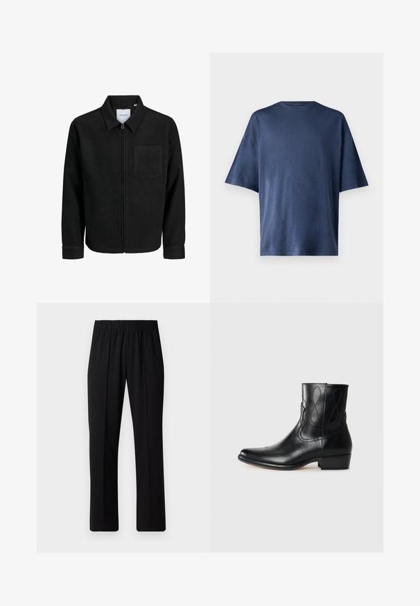 Veste zippée noire avec col et poche poitrine unique, présentée sur fond blanc.; T-shirt navy bleu à manches courtes, fabriqué en tissu doux, présente un col rond classique et une coupe décontractée, sans motifs ni accents visibles.; Pantalons noirs à taille élastique avec une coupe droite, présentant une texture lisse et sans motifs ni éléments visibles.; Bottine en cuir noir avec un bout pointu, des coutures décoratives et un petit talon carré. Texture lisse avec des accents de design subtils.