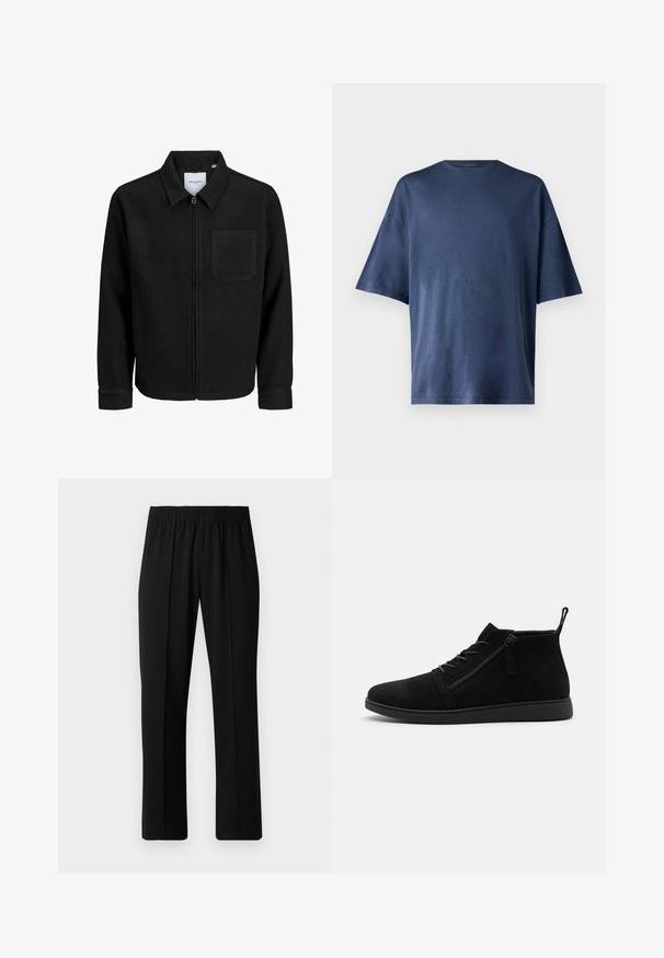 Čierna zipsová bunda s golierom a jednou náprsníkou, vystavená na bielom pozadí.; Námornícky modré tričko s krátkym rukávom, vyrobené z mäkkej látky, má klasický okrúhly výstrih a voľný strih, bez viditeľných vzorov či akcentov.; Čierne nohavice s elastickým pásom a rovnými nohavicami, majú hladkú textúru a žiadne viditeľné vzory ani kovové doplnky.; Čierne semišové členkové topánky majú zaoblenú špičku, predné šnúrky a bočný zips. Podrážka je plochá s textúrovaným povrchom pre lepšiu priľnavosť.