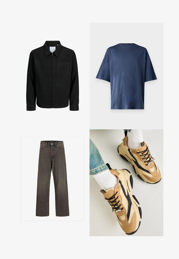 Zwarte zip-up jas met kraag en enkele borstzak, weergegeven op een witte achtergrond.; Marineblauwe T-shirt met korte mouwen, gemaakt van zachte stof, heeft een klassieke ronde hals en een relaxed fit, zonder zichtbare patronen of accenten.; Wijde jeans in donkergrijze denim met een hoge taille, een klassieke vijf-pocketontwerp en contrasterende stiksels langs de naden.; Steve Madden POSSESS - Sneakers laag - khaki