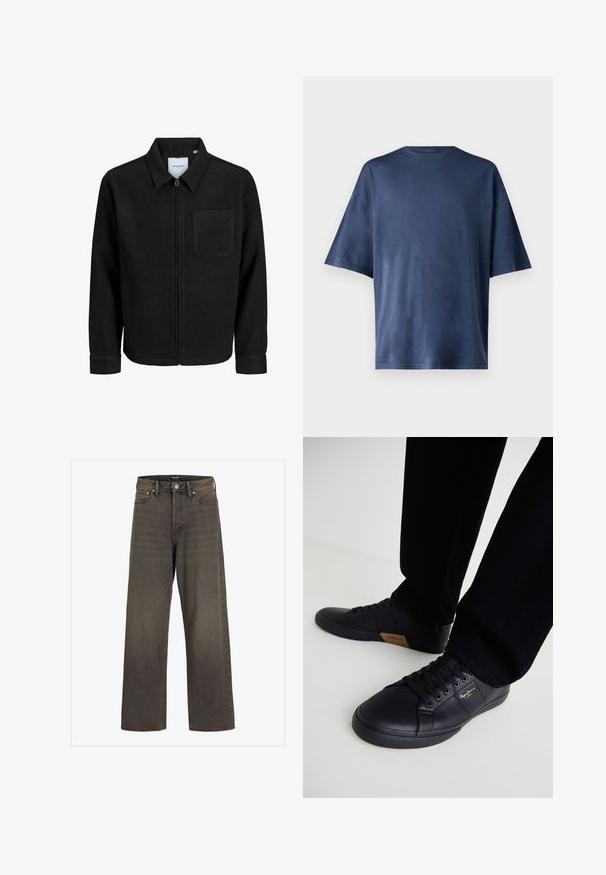 Fekete, zipzáros dzseki gallérral és egyetlen mellzsebbel, fehér háttéren.; Tengerészkék, rövid ujjú póló, puha anyagból készült, klasszikus kerek nyakkal és laza szabással, látható minták vagy díszítések nélkül.; Széles lábú farmernadrág sötétszürke denimből, magas derékkal, klasszikus öt zsebes kialakítással és kontrasztos varrással az illesztések mentén.; Fekete bőr sportcipők elegáns dizájnnal, texturált felülettel, kerek orral és fekete fűzővel. Arany logóval az oldalon.