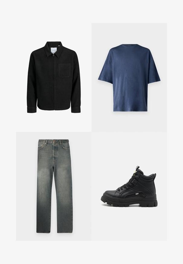 Jachetă neagră cu fermoar, cu guler și un singur buzunar pe piept, expusă pe fundal alb.; Tricou navy blue cu mânecă scurtă, realizat dintr-un material moale, prezintă un guler clasic și o croială lejeră, fără modele sau accente vizibile.; Jack & Jones JJIALEX JJCOOPER - Blugi largi - black denim; Încălțăminte înaltă neagră din piele texturată, cu o talpă de cauciuc groasă, șireturi frontale și un mic detaliu cu logo pe lateral.