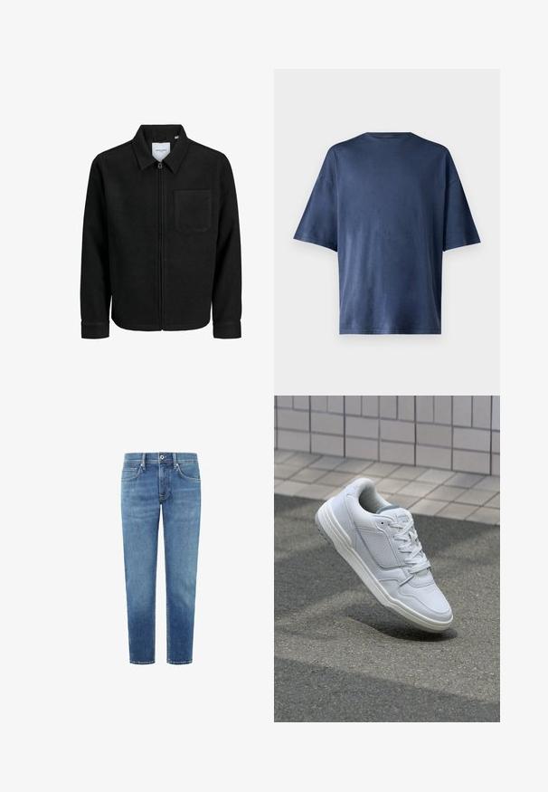 Crna jakna na zip s ovratnikom i jednim džepom na prsima, prikazana na bijeloj pozadini.; Mornarsko plava kratka majica s kratkim rukavima, izrađena od mekog materijala, ima klasičan okrugli izrez i ležeran kroj, bez vidljivih uzoraka ili naglasaka.; Svijetloplave traperice ravnog kroja s pet džepova i klasičnim pojasom. Glatka tekstura s blagim izbljeđivanjem i kontrastnim šavovima.; Bijele kožne tenisice s perforiranim bočnim dijelovima, teksturiranim akcentima, ravnim vezicama i kontrastnim sivim petom. Imaju blago povišenu potplat.