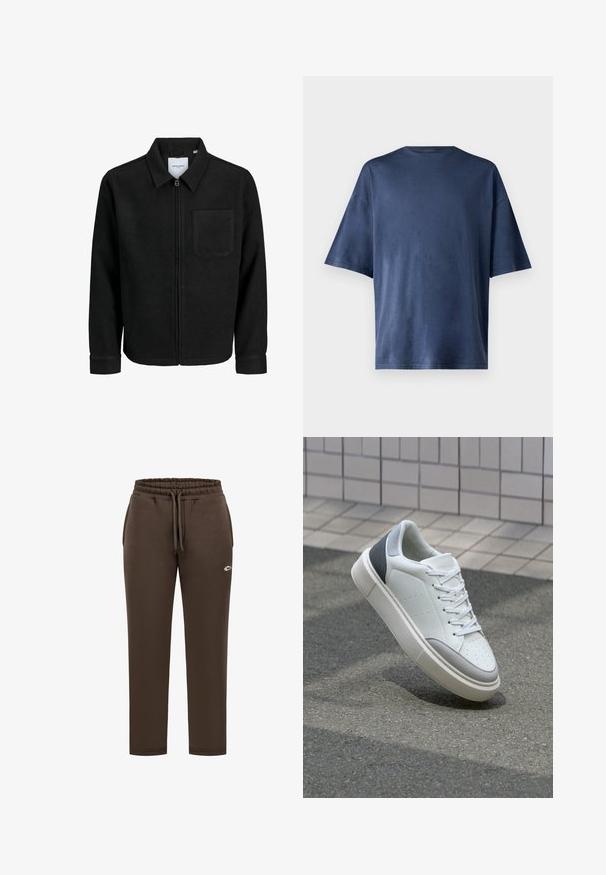 Schwarze Zip-Jacke mit Kragen und einer einzelnen Brusttasche, auf weißem Hintergrund präsentiert.; Marineblaue Kurzarm-T-Shirt aus weichem Stoff, mit klassischen Rundhalsausschnitt und lockerer Passform, ohne sichtbare Muster oder Akzente.; Braune Baumwoll-Jogginghose mit elastischem Bund und Kordelzug. Verfügt über seitliche Taschen und ein kleines gesticktes Logo am linken Bein.; Weiße Leder-Sneaker mit grauen und weißen Akzenten, perforiertem Obermaterial, flachen weißen Schnürsenkeln und strukturiertem Gummi outsole, schwebend über einer Betontoberfläche.