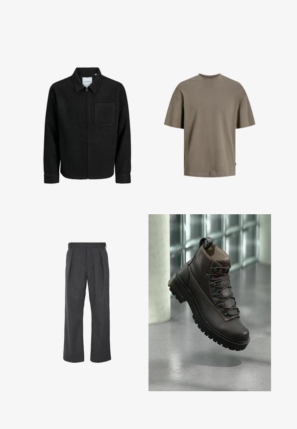 Zwarte zip-up jas met kraag en enkele borstzak, weergegeven op een witte achtergrond.; Katoenen T-shirt in gedempt olijfgroen; heeft een ronde hals, korte mouwen en een ontspannen pasvorm met minimale stikseldetails.; Wijde broek in donkergrijs stof, met een zachte textuur, geplooide voorkant en verstelbare zijriemen voor een goede pasvorm.; Bruine leren wandelschoen met een hoge schacht, robuuste rubberen zool, metalen veteroogjes en gestikte accenten. Heeft een trekkoord aan de achterkant.