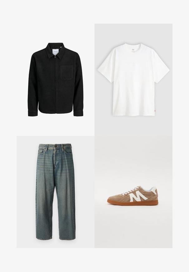 Black zip-up jacket with collar and single chest pocket, displayed on white background.; White short-sleeve t-shirt made of cotton with a crew neck. Features subtle embossed logo detail on the front and a red label at the hem.; Light blue denim jeans with a loose fit, mid-rise waist, and straight legs. Features five pockets, belt loops, and a button closure.; Lace-up sneaker with a brown suede upper, white fabric accents, quilted design, and a brown rubber sole. Features a prominent "M" logo.