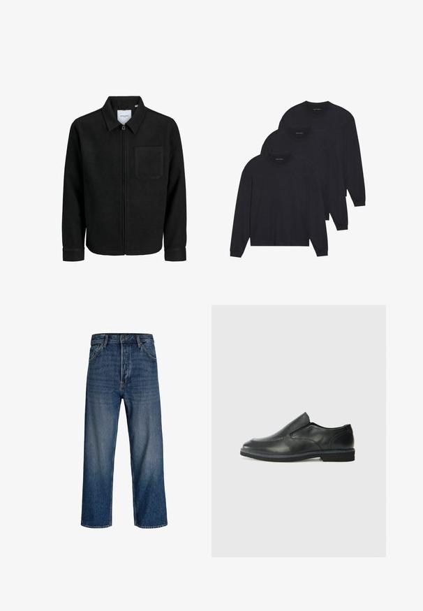 Melna jaka ar rāvējslēdzēju un apkakli, vienu krūšu kabatu, parādīta uz baltas fona.; Trīs melni garām piedurknēm krekli, izgatavoti no mīksta auduma, ar apaļām kakla izgriezumiem un pieguļošām piedurknēm. Minimalistisks dizains bez redzamām apdrukām.; Džinsi ar taisnu kāju dizainu, tumši zila krāsa un viegla izbalēšana. Iekļauj piecas kabatas un pogu aizdari.; Melnas ādas slip-on kurpes ar gludu augšdaļu, izšūtām akcentiem, noapaļotu purngala daļu un zemu gumijas papēdi. Zole ar minimālu rakstu.