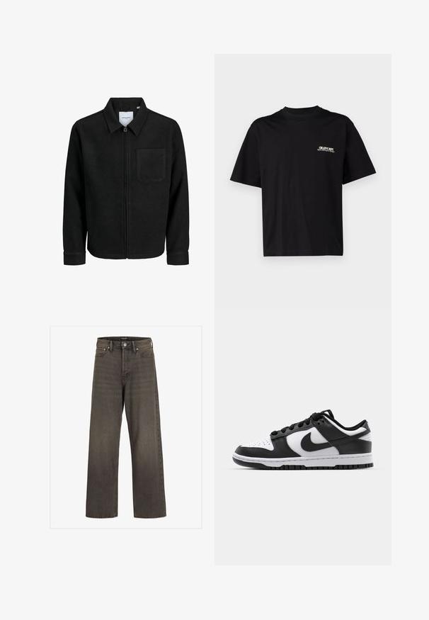 Mustaga lukuga jakker, millel on krae ja üks rinna-tasku, esitatud valgel taustal.; Must musta T-särk lühikeste varrukatega, ümar kaelus ja valge ja kuldse tekstiga vasakul rinnal trükk, millel on mugav lõige.; Laia säärtega sinimustad teksad tumeda halli denimi, kõrge talje, klassikalise viie tasku disaini ning kontrastsete õmblustega õmblustel.; Mustavalged Nike Dunk tossud, millel on nahk ülemine osa, perforeeritud varvaseosa, mustad paelarid ja must kummist tall, millel on mustriga disain.