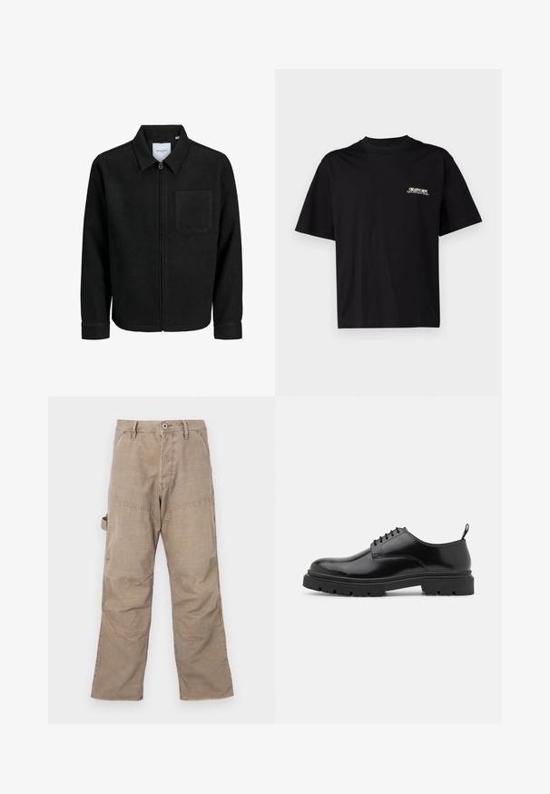 Juodas džemperis su užtrauktuku, apykakle ir vienu krūtiniu kišenėje, pristatytas baltame fone.; Juodas medvilnės marškinėliai trumpomis rankovėmis, apvaliu kaklu ir baltu bei auksiniu tekstu ant kairiojo krūtinės šono, pasižymintys laisvu siluetu.; Rudi cargo kelnės su matomomis siūlėmis, plačiomis kojomis ir keturiais kišenėmis. Pagamintos iš tvirto audinio, turinčio lengvą tekstūrą ir mygtukų užsegimą.; Juodos odinės šlepetės su raišteliais, su suapvalintu pirštu, lygiu paviršiumi ir griūvančiu guminiu padu. Yra nedidelis kulniukas ir kilpa gale.