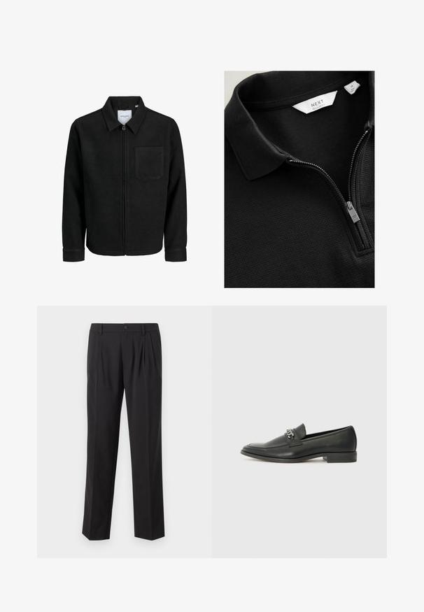 Melna jaka ar rāvējslēdzēju un apkakli, vienu krūšu kabatu, parādīta uz baltas fona.; Melna teksturēta polo krekls ar sudraba pus-izsistā rāvējslēdzēju un baltajām birkām, kurās norādīts "NEXT Regular Fit" un izmērs "M."; Melnas piegrieztas bikses, izgatavotas no gludas auduma, ar krokām priekšā, pogu aizdari un taisnu kāju dizainu.; Melna ādas loafer izmēra apavi ar gludu virsmu, piedāvā ar šūtu dizainu un dekoratīvu metāla ķēdes akcentu pār vampu. Plakana papēža daļa.