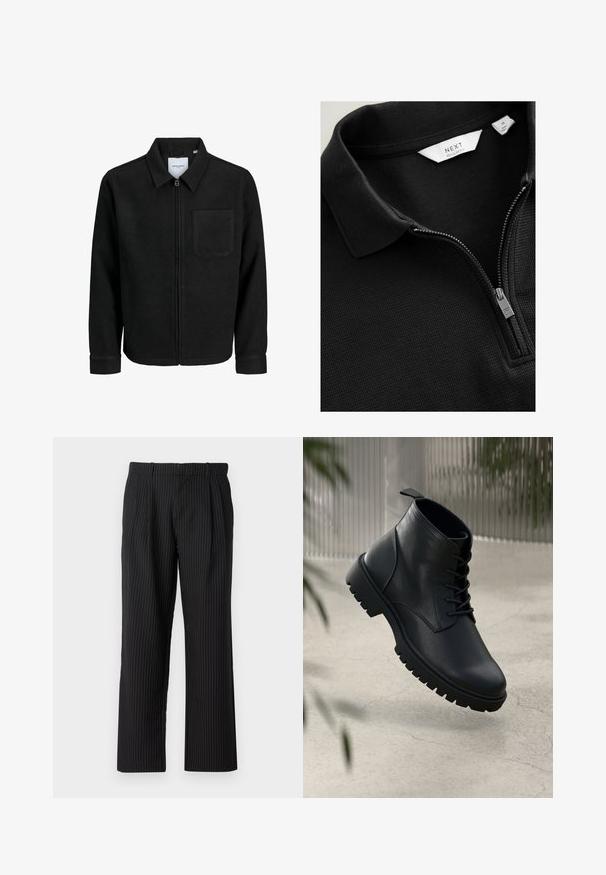 Mustaga lukuga jakker, millel on krae ja üks rinna-tasku, esitatud valgel taustal.; Mustmust värvi polo särk, millel on hõbedane pooltõmbe ja valged sildid, millel on kiri "NEXT Regular Fit" ja suurus "M."; Jack & Jones JPSTBILL JJDAYTONA WIDE - Püksid - black; Mustad mustad nahast ankle saapad, ümmarguse nina, nööbidest sulgemise ja robustse kummitald. Sile tekstuur ja tõmbetab tagaküljel.