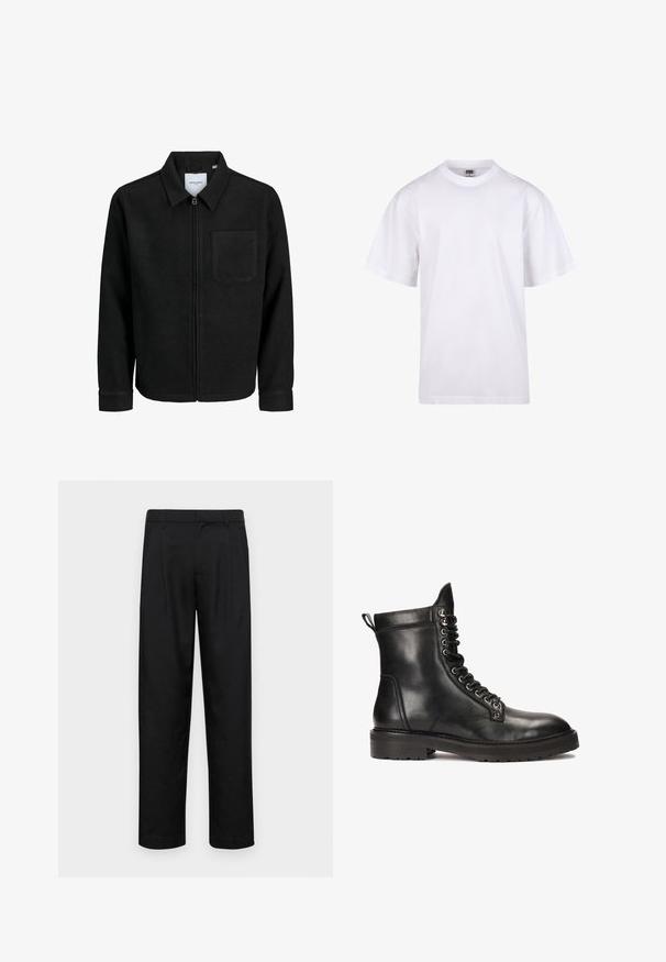 Fekete, zipzáros dzseki gallérral és egyetlen mellzsebbel, fehér háttéren.; Fehér pamut póló kerek nyakkivágással, rövid ujjal és laza szabással. Egyszerű dizájnnal rendelkezik, minták vagy díszek nélkül.; Fekete nadrág sima anyagból, egyenes szárú fazonnal, két elülső redővel és közönséges derékkal, övhurkokkal.; Kazar Studio CANRERTH - Fűzős bokacsizmák - black