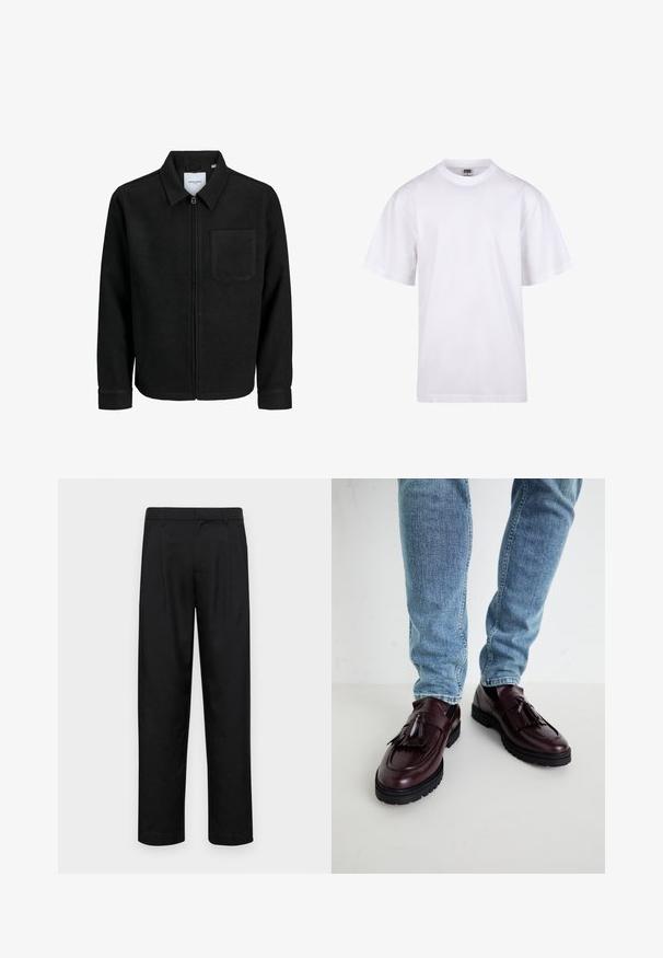 Sort lynlåsjakke med krave og en enkelt brystlomme, vist på hvid baggrund.; Hvid bomulds T-shirt med rund halsudskæring, korte ærmer og en afslappet pasform. Har et enkelt design uden mønstre eller dekorationer.; Sorte bukser lavet af glat stof, med et lige ben-design, to frontfolder og en standard talje med bæltestropper.; Bordeaux læder loafers med kvaster og en tekstureret overdel, parret med lyseblå denimjeans. Sort gummisål synlig.