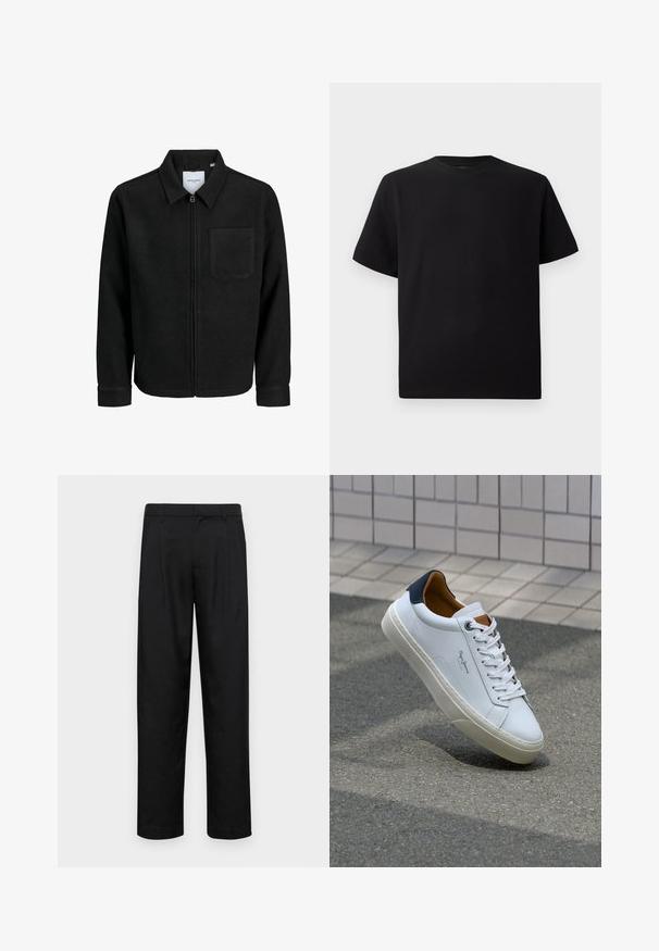 Melna jaka ar rāvējslēdzēju un apkakli, vienu krūšu kabatu, parādīta uz baltas fona.; Melnās īsām piedurknēm T-krekls no teksturēta auduma, ar apaļu kakla izgriezumu un brīvu piegriezumu. Vienkāršs, bez rakstiem vai akcentiem.; Melnas bikses, izgatavotas no gludas auduma, ar taisnu kāju dizainu, divām priekšējām krokām un standarta jostu, kurai ir āķi.; Baltas ādas čības ar tumši zilu papēdi, apaļu purngalu un kontrastējošām brūnām detaļām. Aprīkotas ar plakanu auklu un struktūrētu gumijas zoli.