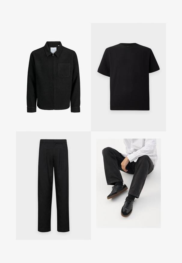 Black zip-up jacket with collar and single chest pocket, displayed on white background.; Black short-sleeve T-shirt made of textured fabric, featuring a round neckline and a relaxed fit. Simple, no patterns or accents.; Black trousers made of smooth fabric, featuring a straight-leg design, two front pleats, and standard waistband with belt loops.; Black sneakers with a smooth and textured upper, featuring a rubber sole and dark laces. Paired with black jeans and a white striped shirt.