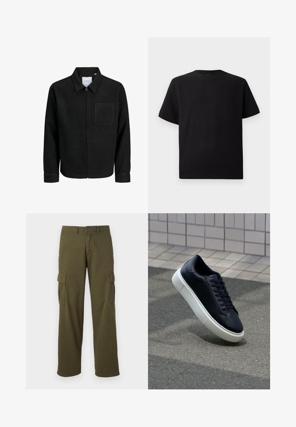 Musta vetoketjullinen takki, jossa on kaulus ja yksi rintatasku, esitelty valkoista taustaa vasten.; Mustat lyhyet hihattomat T-paidat, jotka on valmistettu teksturoidusta kankaasta. Pyöreä pääntie ja rento istuvuus. Yksinkertainen, ilman kuvioita tai yksityiskohtia.; Olivi vihreät cargo-housut suoran lahkeen muotoilulla, joissa on sivutaskut, napitus ja kestävä kangas.; Mustat nahkakengät, joissa on pyöristetty kärki ja valkoinen kumipohja. Varusteena litteät nauhat ja minimaalinen ommel ylhäällä. Teksturoitu pohja pitävyyden lisäämiseksi.