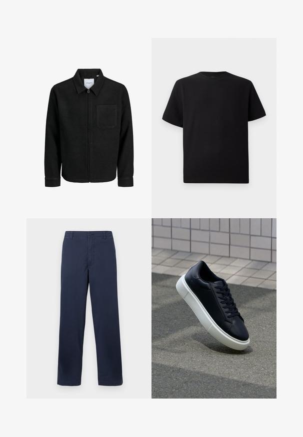 Schwarze Zip-Jacke mit Kragen und einer einzelnen Brusttasche, auf weißem Hintergrund präsentiert.; Schwarzes Kurzarm-T-Shirt aus strukturiertem Stoff, mit einem Rundhalsausschnitt und einer lockeren Passform. Einfach, ohne Muster oder Akzente.; Marineblaue Baumwollhosen mit geradem Bein, ausgestattet mit einem vorderen Knopfverschluss, Gürtelschlaufen und einer glatten Textur.; Schwarze Leder-Sneaker mit runder Zehenpartie und weißer Gummisohle. Verfügt über flache Schnürsenkel und minimale Nähte im Obermaterial. Strukturiertes Sohlenprofil für besseren Halt.