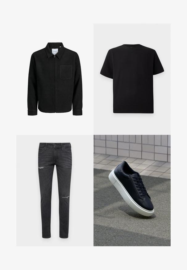 Črna jakna z zadrgo in ovratnikom ter enim žepom na prsih, prikazana na beli podlagi.; Črna kratka majica s kratkimi rokavi, izdelana iz teksturirane tkanine, z okroglim izrezom in sproščenim krojem. Preprosta, brez vzorcev ali dodatkov.; Črne ozke kavbojke iz denima, ki vključujejo uničene detajle na kolenih, pet-žepni dizajn in klasično zapiranje na gumb in zadrgo.; Črne usnjene superge z zaobljenim prstom in belim gumijastim podplat. Imajo ravne vezalke in minimalno šivanje na zgornjem delu. Teksturirani podplat za oprijem.