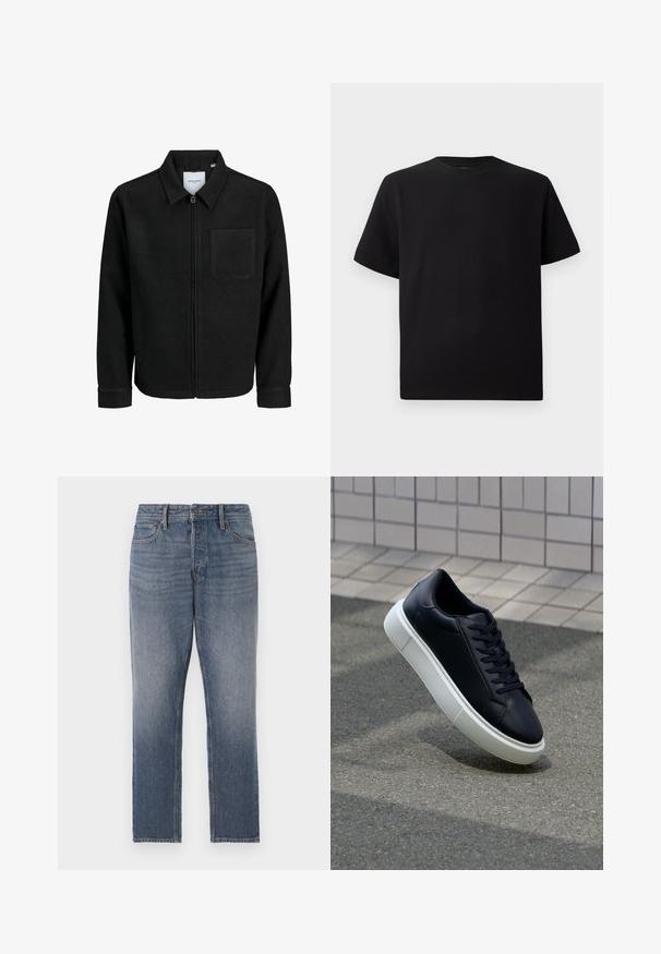 Črna jakna z zadrgo in ovratnikom ter enim žepom na prsih, prikazana na beli podlagi.; Črna kratka majica s kratkimi rokavi, izdelana iz teksturirane tkanine, z okroglim izrezom in sproščenim krojem. Preprosta, brez vzorcev ali dodatkov.; Temno modri traper hlače, ravne nogavice, z obrabljenim prhanjem, pet žepov in bakrenimi dodatki. Čist, klasičen videz.; Črne usnjene superge z zaobljenim prstom in belim gumijastim podplat. Imajo ravne vezalke in minimalno šivanje na zgornjem delu. Teksturirani podplat za oprijem.