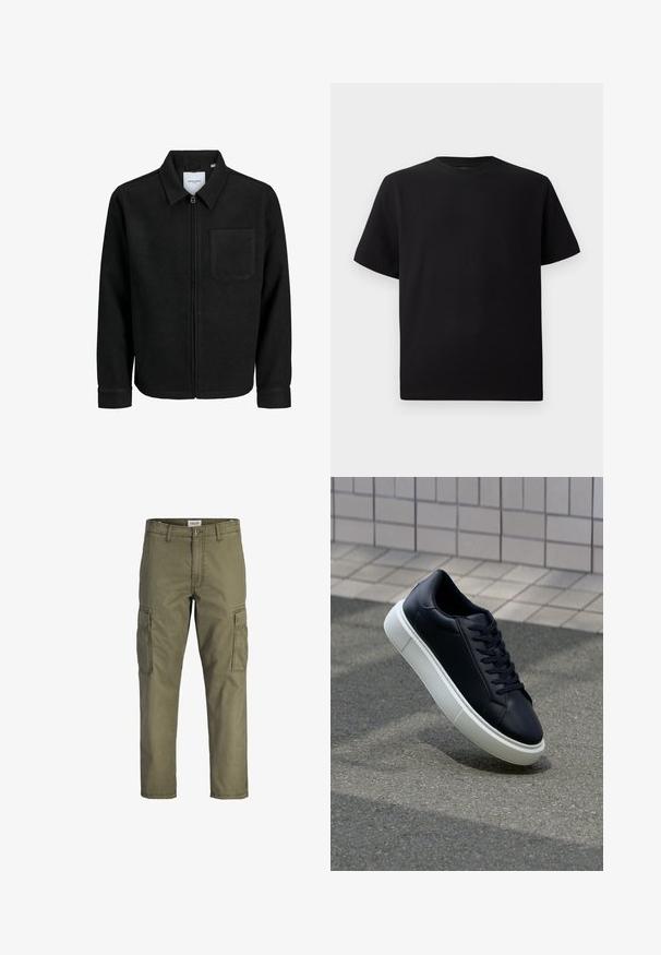 Black zip-up jacket with collar and single chest pocket, displayed on white background.; Black short-sleeve T-shirt made of textured fabric, featuring a round neckline and a relaxed fit. Simple, no patterns or accents.; Olive green cargo pants made of cotton fabric, featuring side pockets, a straight cut, and a waistband with a button closure.; Black leather sneaker with rounded toe and white rubber sole. Features flat laces and minimal stitching on the upper. Textured sole for grip.
