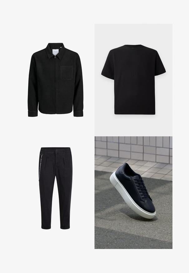 Črna jakna z zadrgo in ovratnikom ter enim žepom na prsih, prikazana na beli podlagi.; Črna kratka majica s kratkimi rokavi, izdelana iz teksturirane tkanine, z okroglim izrezom in sproščenim krojem. Preprosta, brez vzorcev ali dodatkov.; Črne hlače z elastičnim pasom, z nagubami spredaj in srebrnim verižnim poudarkom na levi strani. Tkanina iz mešanice bombaža.; Črne usnjene superge z zaobljenim prstom in belim gumijastim podplat. Imajo ravne vezalke in minimalno šivanje na zgornjem delu. Teksturirani podplat za oprijem.