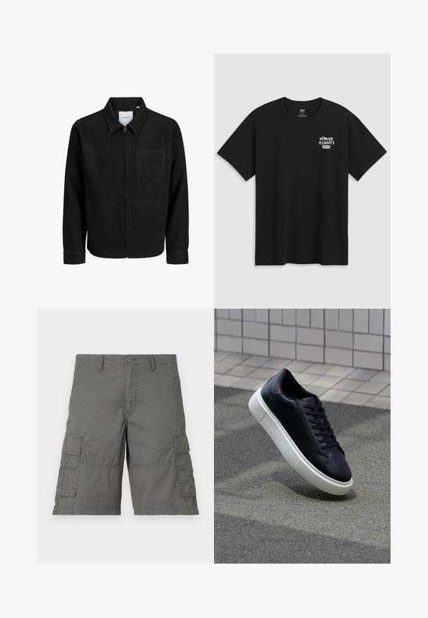 Černá zipová bunda s límečkem a jednou kapsou na hrudi, vystavená na bílém pozadí.; Černé bavlněné tričko s potiskem na hrudi, který zní "HOUSE PLANTS" v bílém stylizovaném písmu s "Levi's" pod ním. Klasický výstřih ve stylu crew.; Šedé cargo šortky s knoflíkovým uzávěrem, několika bočními kapsami a detaily šití. Vyrobeno z lehké a odolné tkaniny.; Černé kožené tenisky s kulatou špičkou a bílou gumovou podrážkou. mají ploché tkaničky a minimální šití na svršku. Texturovaná podrážka pro lepší přilnavost.