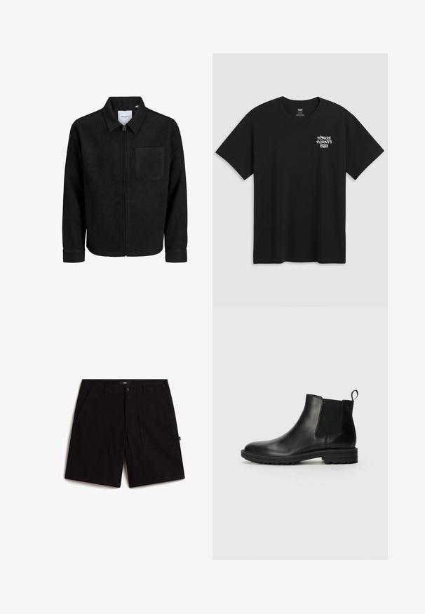 Schwarze Zip-Jacke mit Kragen und einer einzelnen Brusttasche, auf weißem Hintergrund präsentiert.; Schwarzes Baumwoll-T-Shirt mit einem Brustdruck, der in einer weißen, stilisierten Schrift "HAUSPFLANZEN" und darunter "Levi's" zeigt. Klassischer Rundhalsausschnitt.; Schwarze Shorts aus Baumwolle mit einem normalen Bund, zwei Fronttaschen und einer bequemen Passform. Einfaches Design ohne sichtbare Muster.; Jack & Jones JFWHOSKINS - Stiefelette - anthracite