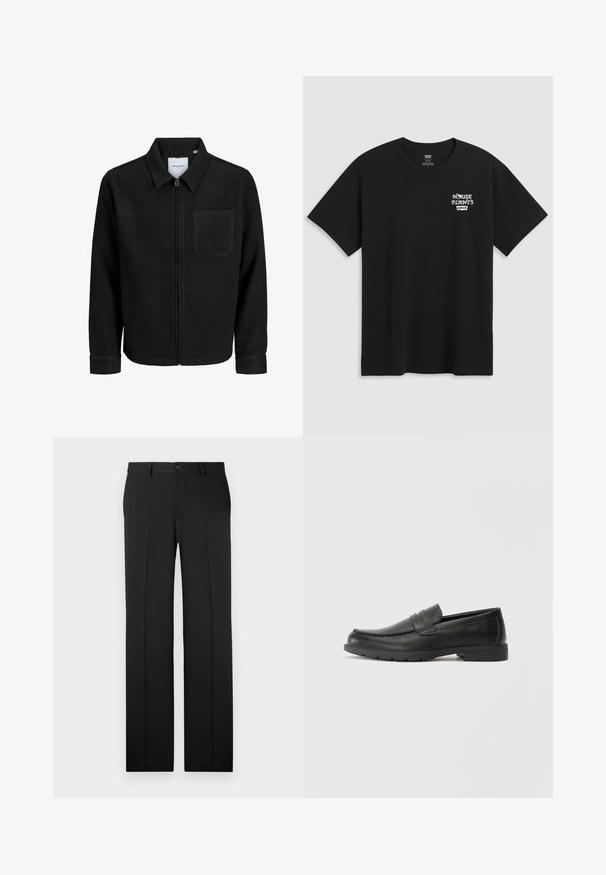 Fekete, zipzáros dzseki gallérral és egyetlen mellzsebbel, fehér háttéren.; Fekete pamut póló, melynek mellkasi nyomata "HOUSE PLANTS" felirattal fehér stilizált betűkkel, alatta a "Levi's" felirattal. Klasszikus kerek nyakú.; Fekete, szabott nadrág egyenes szárú szabással, sima anyaggal, elöl hajtásokkal és egy gombos záródással a derekán.; Fekete bőr mokaszinok sima felülettel, a mokaszin stílusú felsőrésszel, varrott részletezéssel és gumitalppal. Klasszikus dizájn alacsony sarokkal.