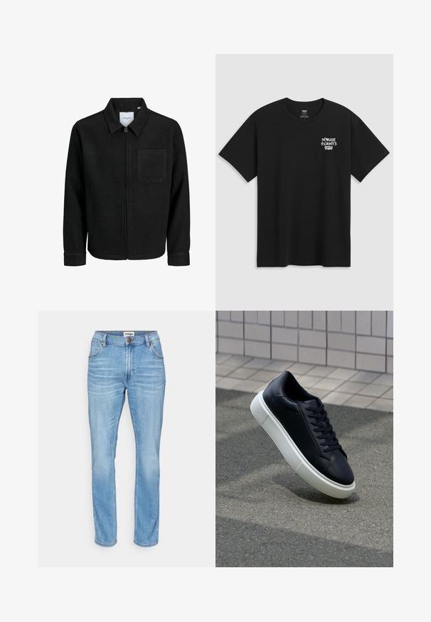 Mustaga lukuga jakker, millel on krae ja üks rinna-tasku, esitatud valgel taustal.; Must musta t-särk, millel on rinnakrüpt, mis ütleb "KESKKOND" valgel stiliseeritud fontidega ja "Levi's" all. Klassikaline ümar kaelus.; Heledad sinine denim-ist valmistatud sirgest säärest, viie tasku disainiga ja eesnööriga sulgemisega. Omab peent tuhmumist ja tavapärast vöökohta.; Mustast nahast tennisetoss, millel on ümar nina ja valge kummist tall. Omab siredaid paelu ja minimaalset õmblemist ülemises osas. Tekstuuriga tald, mis tagab haakuvuse.