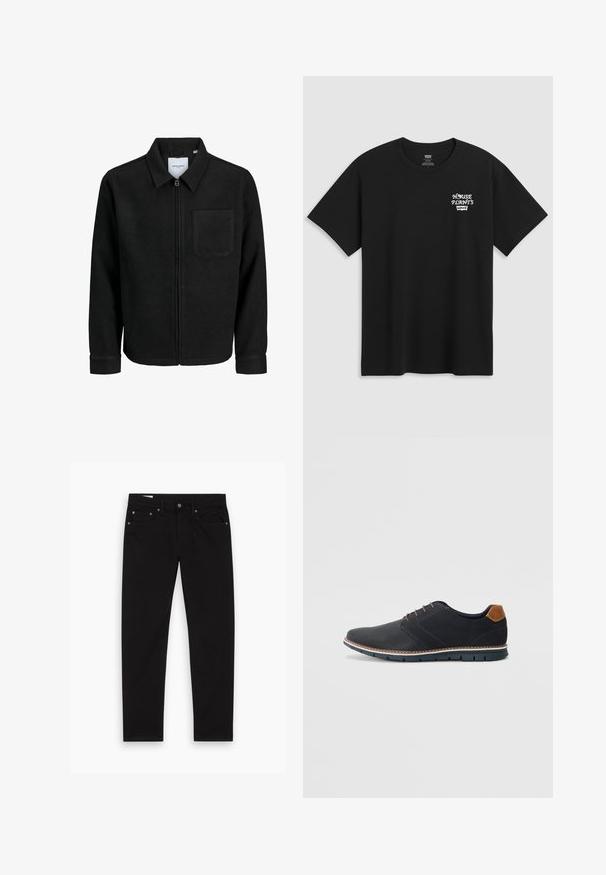Črna jakna z zadrgo in ovratnikom ter enim žepom na prsih, prikazana na beli podlagi.; Črna bombažna majica s tiskom na prsih, ki prebere "HOUSE PLANTS" v beli stilizirani pisavi, pod njim pa je zapisano "Levi's". Klasičen kroj z okroglim izrezom.; Črne jeans hlače ravnega kroja s sprednjimi in zadnjimi žepe, zankami za pas in z zapiranjem na gumb in zadrgo, položene na belo ozadje.; Črne sintetične čevlje z teksturirano zgornjščino, gladkimi akcenti, rjavim petnim delom in kontrastnim podplatom. Imajo minimalno vezanje in detajle šivanja.