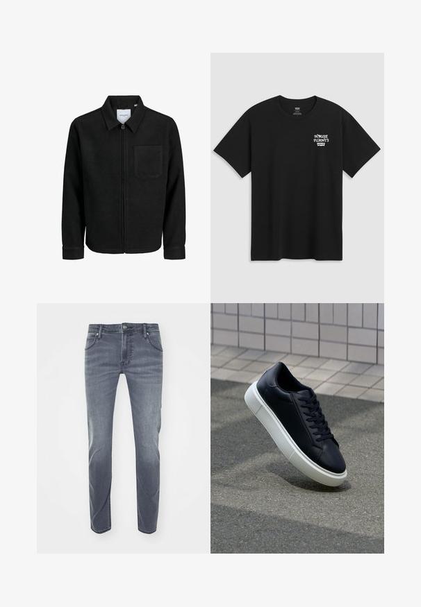 Melna jaka ar rāvējslēdzēju un apkakli, vienu krūšu kabatu, parādīta uz baltas fona.; Melna kokvilnas T-kreklu ar krūtīm drukātu uzrakstu "HOUSE PLANTS" baltā stilizētā fontā ar "Levi's" zemāk. Klasisks apaļais kakls.; Tumši zili džinsi ar taisnu kāju dizainu, mazu izbalēšanu, jostas cilpām, priekšējām kabatām un nelielu logo uz jostasvietas.; Melnas ādas kedas ar noapaļotu pirkstu un baltu gumijas zoli. Iespējas - plakanas šņorītes un minimāla apdare augšdaļā. Struktūrēta zole, lai nodrošinātu saķeri.