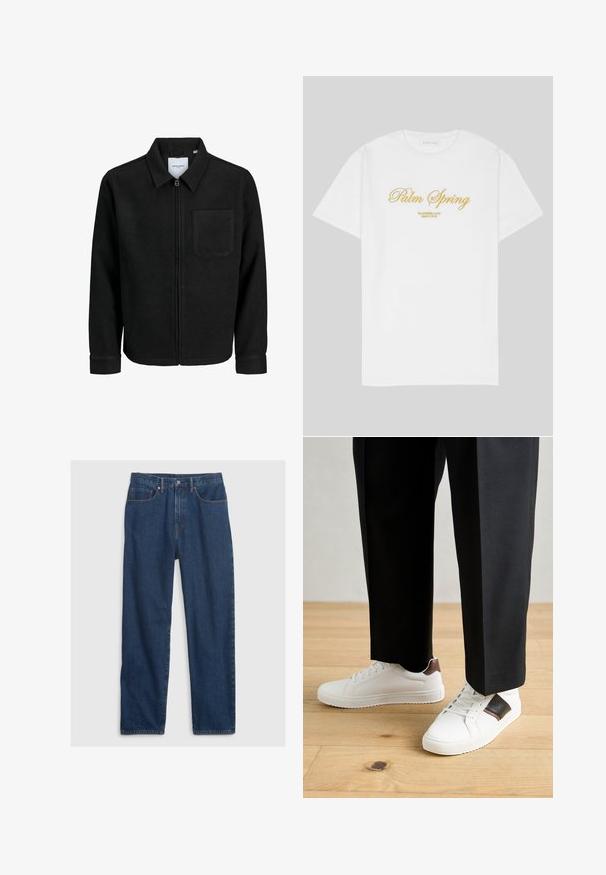 Mustaga lukuga jakker, millel on krae ja üks rinna-tasku, esitatud valgel taustal.; Valge puuvillane T-särk, millel on kuldne tekst, mis ütleb "Palm Spring" ja allpool "California Love Eighty Five", mugav ja lõdva lõikega, ümmarguse kaelusega disain.; Tumesinised teksad sirge lõikega, viie tasku disainiga, ülemise nupuga ja vaskräätsade aktsentidega.; Valged sneakersid siledat tekstuurist, millel on pruunad nahast detailid ja mustad aksessuaarid, millele on sobitatud mustad kohandatud püksid. Puitpõranda taust.