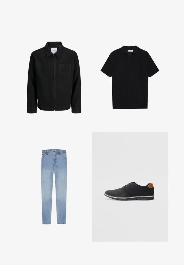 Črna jakna z zadrgo in ovratnikom ter enim žepom na prsih, prikazana na beli podlagi.; Črna polo majica s kratkimi rokavi iz strukturirane rebraste tkanine, z V-izrezom in ravnim robom. Brez vidnih logotipov ali vzorcev.; Svetlo modre jeans hlače iz denima z ravnim krojem, pet žepnim dizajnom in vidnimi šivi. Material je gladek z rahlim učinkom bledenja.; Črne sintetične čevlje z teksturirano zgornjščino, gladkimi akcenti, rjavim petnim delom in kontrastnim podplatom. Imajo minimalno vezanje in detajle šivanja.