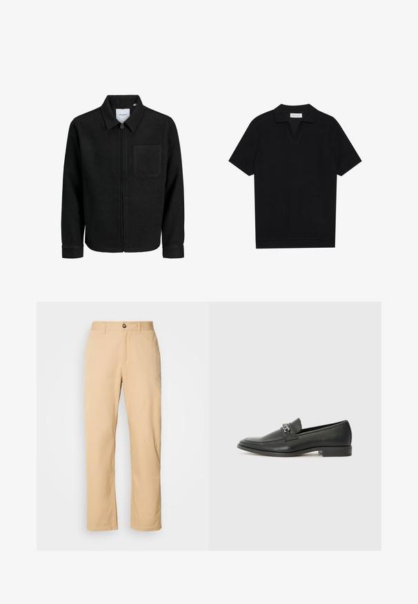 Czarna kurtka z zamkiem na całej długości, z kołnierzem i jedną kieszenią na piersi, umieszczona na białym tle.; Czarna koszulka polo z krótkim rękawem, wykonana z teksturowanej, prążkowanej tkaniny, z dekoltem w kształcie litery V i prostym zakończeniem. Bez widocznych logo ani wzorów.; Khaaki bawełniane spodnie o prostym kroju, z zapięciem na guzik z przodu i szlufkami na pasek. Gładka faktura i jednolita powierzchnia.; Czarne skórzane mokasyny o gładkim wykończeniu, z haftowanym wzorem i dekoracyjnym akcentem z metalowego łańcucha na wierzchu. Płaska pięta.